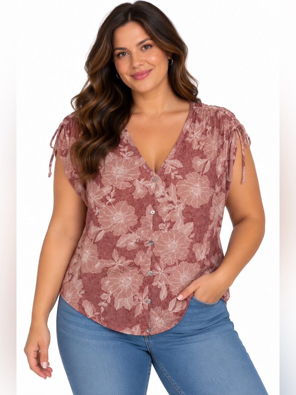 Perseption Rose and Blush Floral Button-Front Blouse